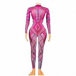 rose Sparkly Sequin Jumpsuit Fi Spandex Stretch Shining Dance Costume One-piece Bodysuit Nightclub Outfit Party Leggings U8Dx#