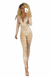 2020 New Women White Full Rhineste Fake Hot Meat Tight Sexy Jumpsuit Club Bar Singer Dance Costume Party Celebrati Birthday 06pi#