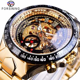 Forsining Stainless Steel Classic Series Transparent Golden Movement Steampunk Men Mechanical Skeleton Watches Top Brand Luxury302R