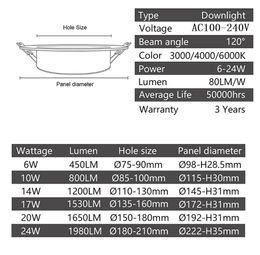 Led Downlight Recessed Ceiling Lamp High Power 6W-24W AC120V AC220V Super bright light effect is suitable for kitchen, living