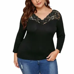 plus Size Lg Sleeve Summer Chic Tunic Tops Women Solid Sexy Lace V-neck Sheer Work Office Blouse Female Big Size T-shirt 4XL 06nA#