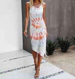 Casual Dresses Print Tie Dyeing V Neck For Women 2024 Trendy Spaghetti Strap Flowy Long Summer Resort Style Ruffle Hem Dress