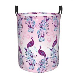 Laundry Bags Folding Basket Peacocks Pattern Pink And Purple Round Storage Bin Large Hamper Collapsible Clothes Toy Bucket Organizer