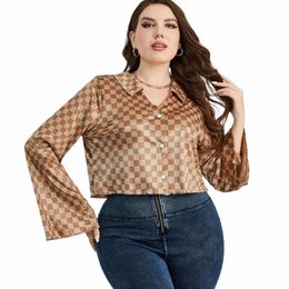 plus Size Women Plaid Shirts Fi Colour Collisi Lapel Lg-sleeved Commute Ladies Blouse Large Elegant Casual Loose Tops K8cb#