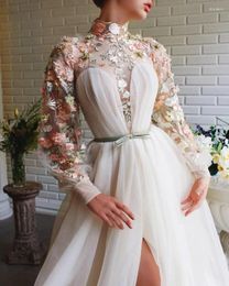 Party Dresses Moroccan Muslim Evening A-line Long Sleeves Tulle Appliques Pearls Turkey Dubai Saudi Arabia Prom Dress Gown