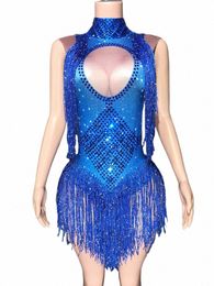 dj Jazz Dance Costume Nightclub Bodysuit Rave Outfit Sparkly Rhinestes Tassel Stretch Sleevel Women Show Leotard j9jg#