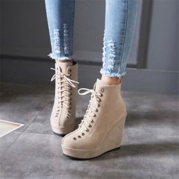Platform Women's Ankle Boots Autumn Winter Shoes Wedge High Heels Lace Up Short Boot Nude Black Suede Wedges Dance Party Shoes