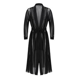 Men Transparent Open Stitch Sexy Lingerie Front Mesh See-through Long Casual Shirt Coat Bathrobe Male Gay Long Sleeve Underwear