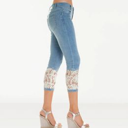 2023 Summer Capri Pants Lace Stretchy Women Ladies Calf Length Jeans Skinny Cropped Jeggings Denim Pants Stretch 3/4 Trousers