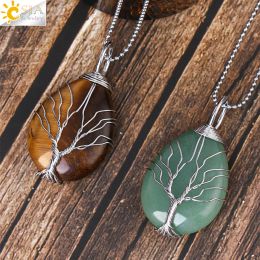 CSJA Tree of Life Crystals Necklace Pendant Water Drop Natural Stone Necklaces Wire Wrap Rose Amethysts Quartz Tiger Eye G953