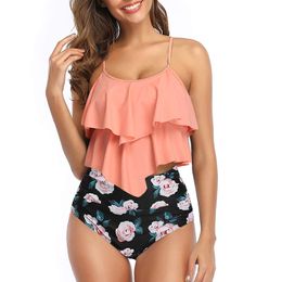 Swimsuit for Women Two Piece Double Flounce top with High Waisted Ruched Bottom Tankini Set Swimwear