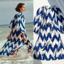 Cool blue white color matching women's summer dress beach style printed bean lace medium length round neck dress