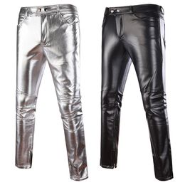 Mens Skinny Shiny Gold Silver Black PU Leather Pants Motorcycle Men Nightclub Stage Pants for Singers Dancers Casual Trousers