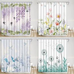 Shower Curtains Spring Flower Curtain Watercolour Dandelion Butterfly Swallow Bird Purple Greenery Farm Modern Print Bathroom Decor