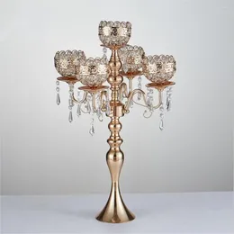 Candle Holders 63 Cm Tall 5-arms Metal Gold Candelabras With Pendants Romantic Wedding Table Holder Home Decoration 10 Pcs/lot