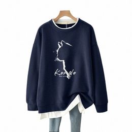 dayifun-oversized Hoodies Women O Neck Sweatshirts Carto Print Tops Plus Size Fake Two Piece Design Spring Autumn New 2024 Top Q2ID#