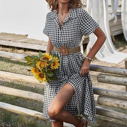 Casual Dresses 2024 Plaid Print Shirt Dress Women Summer Button Knee Length Sundress Turndown Collar Short Sleeve Female Clothing