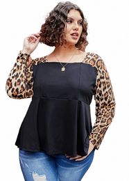 plus Size Elegant Fi Spring Autumn Lg Leopard Sleeve Blouse Women Casual Square Neck Tops Large Size Peplum T-shirt 5XL O9Gc#