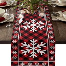Table Runner Hello Winter Stripes Christmas Red Black Buffalo Plaid Snowflakes Stain Resistant Holiday Dresser Scarf Home Decor yq240330