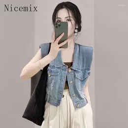 Women's Vests Spring Fashion Slim Vintage Short Outerwear Western Blue Denim Vest Women Top Causal Sleeveless Coat Clothing