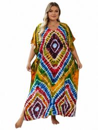 2024 Bohemian Multicolor V Neck Loose Kaftan Dr For Women Summer Casual Plus Size Batwing Sleeve Vacati Lg Dr Q1464 Z33v#
