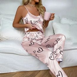 Women Satin Silk Pyjamas Sets Letter Print Cami Vest Shirt With Trouser Sleepwear Ladie Sexy Pyjama Lingerie Pyjamas Nightwear 240326