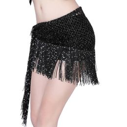Women Belly Dance Hip Scarf Sequins Dance Belt Tassel Skirt Belt Black