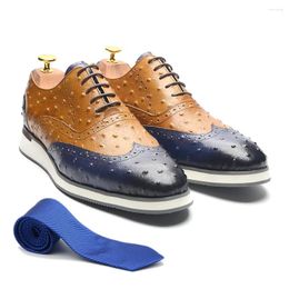 Casual Shoes Luxury Handmade Real Cow Leather Men's Oxford Sneakers Lace-up Wingtip Brogue Ostrich Pattern Brown Blue Footwear Male