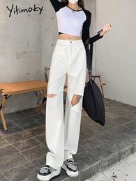 Women's Jeans Yitimoky Women White Hole Baggy Summer Vintage Wide Leg Pants High Waist Straight Casual Fashion Denim Mom Ladies Trousers