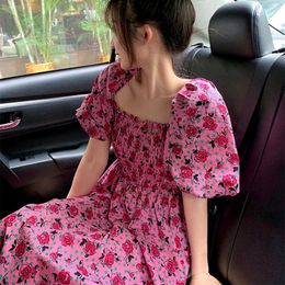 High Quality Chiffon Rose Red Flower Dress for Women Vintage Puff Sleeve Mid Length Elegant Dresses Summer Korean Fashion Ladies 240325