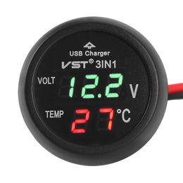 New 3 in 1 LED USB Car Charger Voltmeter Thermometer Car Battery Monitor LCD Digital Dual Display 12V/24V Digital Metre Monitor