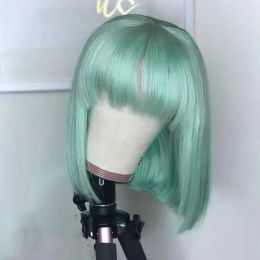 RONGDUOYI Blonde Bob Hair Natural Straight Synthetic Lace Front Wig with Bangs Blue Black Straight Fibre Cosplay Daily Green Wig