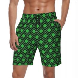 Men's Shorts Green Nordic Lines Gym Summer Retro Pixel Art Surfing Board Short Pants Males Breathable Hawaii DIY Oversize Beach Trunks