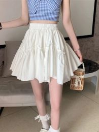 HOUZHOU Kawaii Mini Skirts Women White Fungus Patchwork Summer 2022 Sweet Cute Pleated Skirt Black Goth Lolita Preppy Style Y2k