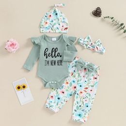 Clothing Sets Infant Girl Fall 4Pcs Outfit Letter Print Long Sleeve Romper With Flower Pants And Hat Bow Headband Set