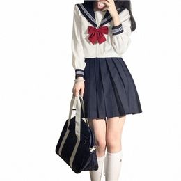 thick White Three Lines Japanese School Uniform College High School Girls Student Uniforms Sailor Suit White Tops Pleated Skirt X2Wn#