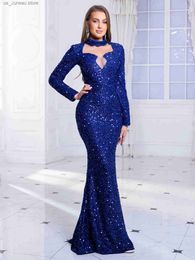 Basic Casual Dresses Long Slve Sparkle Sequin Hollow Out Evening Night Party Maxi Dress Floor Length Halter Blue Prom Gown T240330