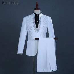 Suits White Embroidered Diamond Suit Men Wedding Groom Tuxedo Suits Mens Stand Collar Prom Stage Costume Mens Suits with Pants Ternos