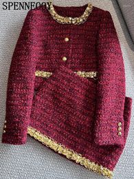 Work Dresses SPENNEOOY Fashion Designer Autumn Burgundy Vintage Half Skirt Suit Women O-Neck Long Sleeve Jackets Crystal Beading Pencil