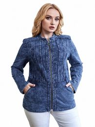 lih HUA Women's Plus Size Denim Jacket Autumn Chic Elegant Jacket For Chubby Women Round Neck Knitted Cott Jacket J2uv#