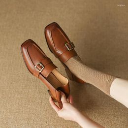 Casual Shoes 2024 Spring Women Pumps Natural Leather 22-24.5cm Vintage Waxed Cowhide Pigskin Full Square Toe Loafers