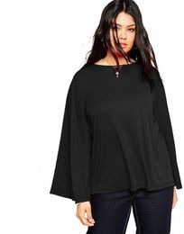 plus Size Lg Flare Sleeve T-shirt Women Solid Black Round Neck Spring Autumn Knitting Elegant Casual Top Tee Blouse 5XL 6XL 7X M4ff#