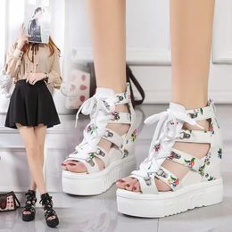 Sandals Shoes For Women 2024 Roman Ladies High Heeled Lace-Up Muffin Wedges Fishbeak Back Zipper Soles