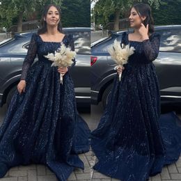 Crystal navy blue a line Evening Dresses elegant beaded sequins long sleeves Prom Dress sweep train arabic Qatar Formal dresses for special occasion