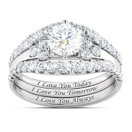 With Side Stones Luxury Sier Gold Three In One Stackable Diamond Rings I Love You Always Bridal Engagement Wedding Ring Anniversary D Dhr6N