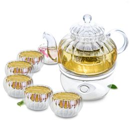 Teaware Sets Clear Glass Coffee Tea Pot & Pumpkin Gongfu Small Teacups Warmer Set