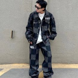 GMIIXDER HIP HOP DERNIM 2PCS SUT MĘŻCZYZNIE KOBIETA Trend Trend Streetwear Jazad Kurtka i punkowe dżinsy w stylu punkowym Male Kobieta Zestaw dwuczęściowy