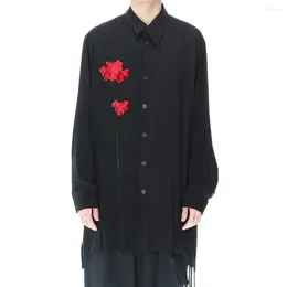 Men's Casual Shirts Mens Japanese Dark Style Carnation Flower Embroidered Shirt Genderless Autumn Loose Mid-Length Long-Sleeve Unisex