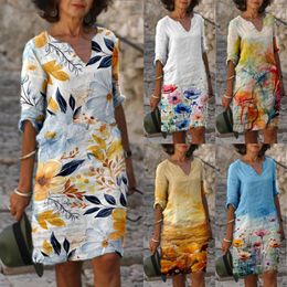 Casual Dresses Women's V Neck Elegant Retro Floral Printed Medium Sleeve Dress Straight Plus-size Loose Summer Vestido