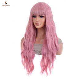 Aideshair Women's Pink Wig Long Fluffy Curly Wavy Hair Wigs for Girl Heat Friendly Synthetic Cosplay Party Wigs